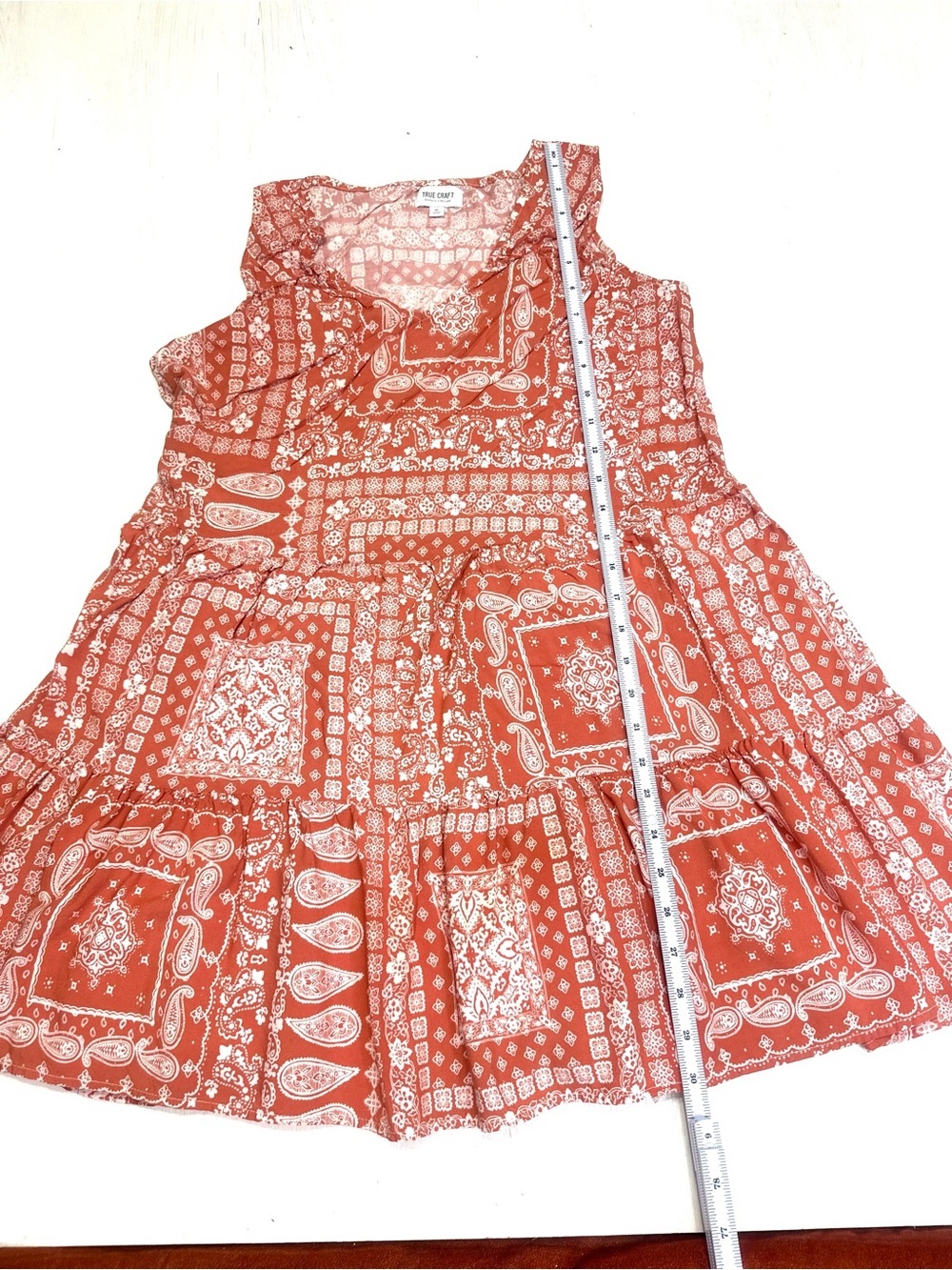 True Craft XL Coral Bandana Print Tiered Tunic Dress Boho Festival Rayon - Picture 7 of 9